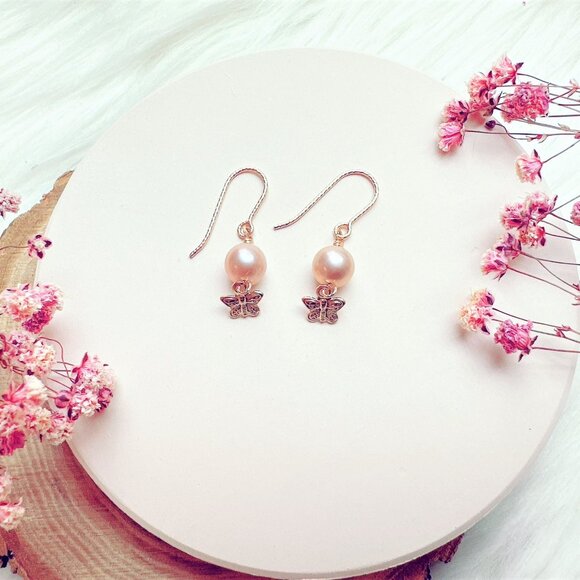 New Light Purple Freshwater Pearl Earrings with Butterfly Charm | Handmade in BC - Picture 3 of 8